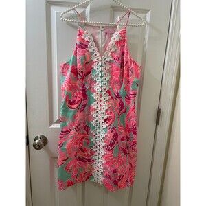 Lilly Pulitzer Pearl Poolside Blue Love Birds Lace Detail Shift Dress $198 SZ 10